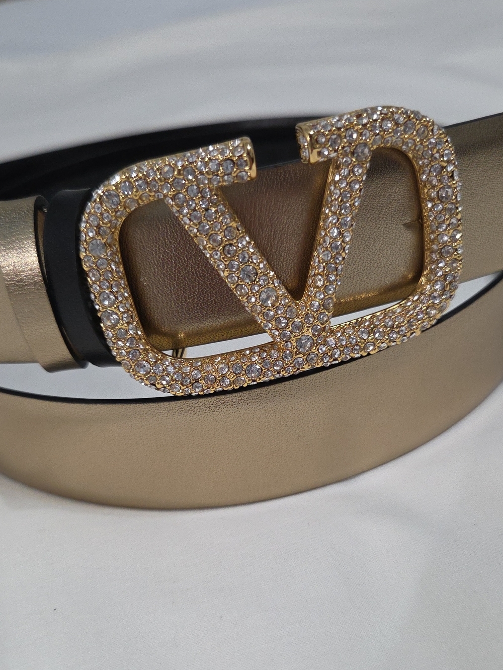 Valentino Gold Metallic Belt Crystal Logo Buckle Reversible